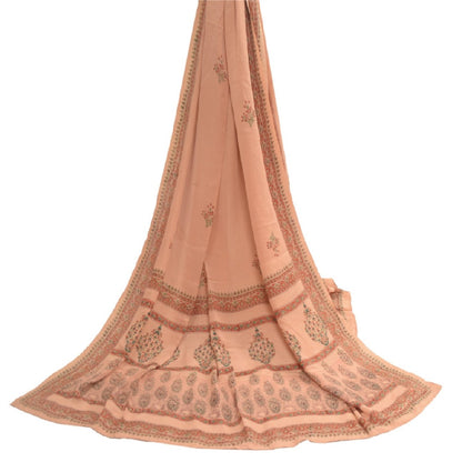 Sanskriti Vintage Long Dupatta Stole Pure Crepe Silk Peach Block Printed Scarves