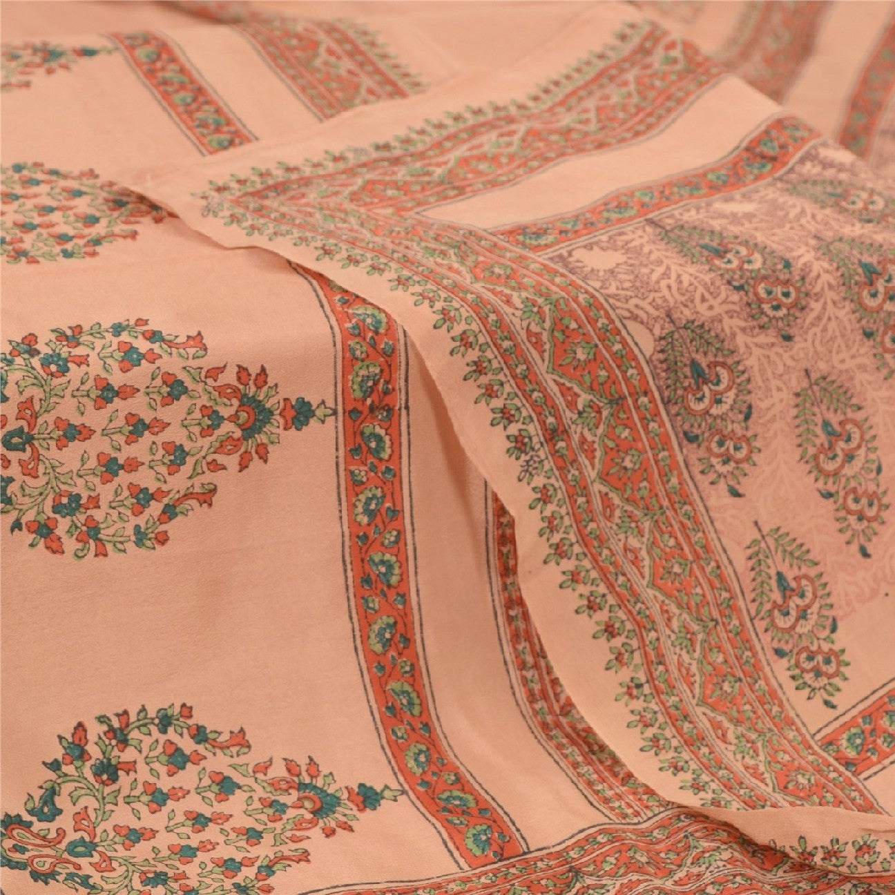 Sanskriti Vintage Long Dupatta Stole Pure Crepe Silk Peach Block Printed Scarves