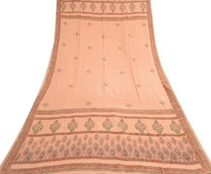 Sanskriti Vintage Long Dupatta Stole Pure Crepe Silk Peach Block Printed Scarves