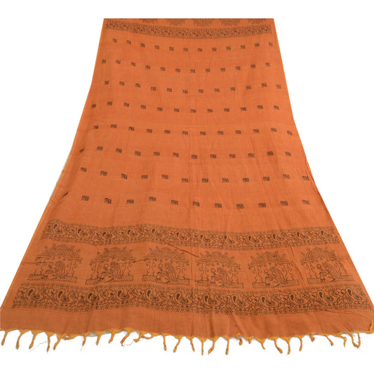 Sanskriti Vintage Baluchari Hand-Woven Pure Cotton Long Dupatta Stole Saffron