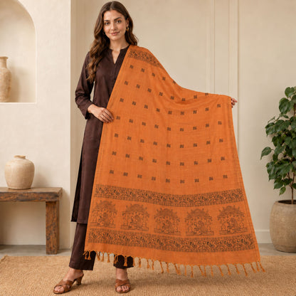 Sanskriti Vintage Baluchari Hand-Woven Pure Cotton Long Dupatta Stole Saffron