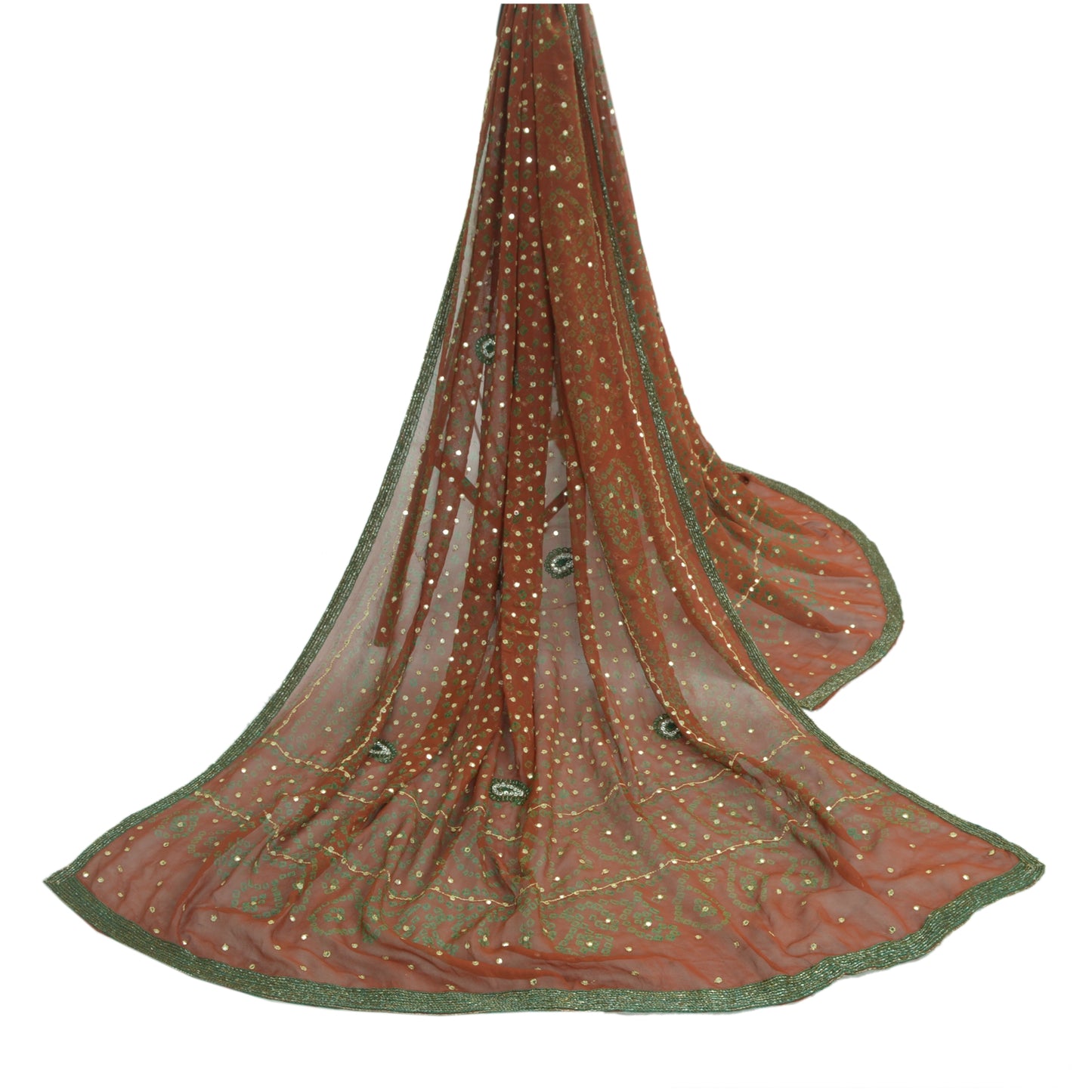 Sanskriti Vintage Orange Long Dupatta/Stole Pure Georgette Hand Beaded Bandhani