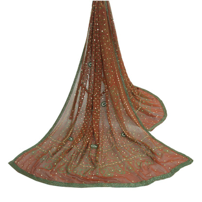 Sanskriti Vintage Orange Long Dupatta/Stole Pure Georgette Hand Beaded Bandhani