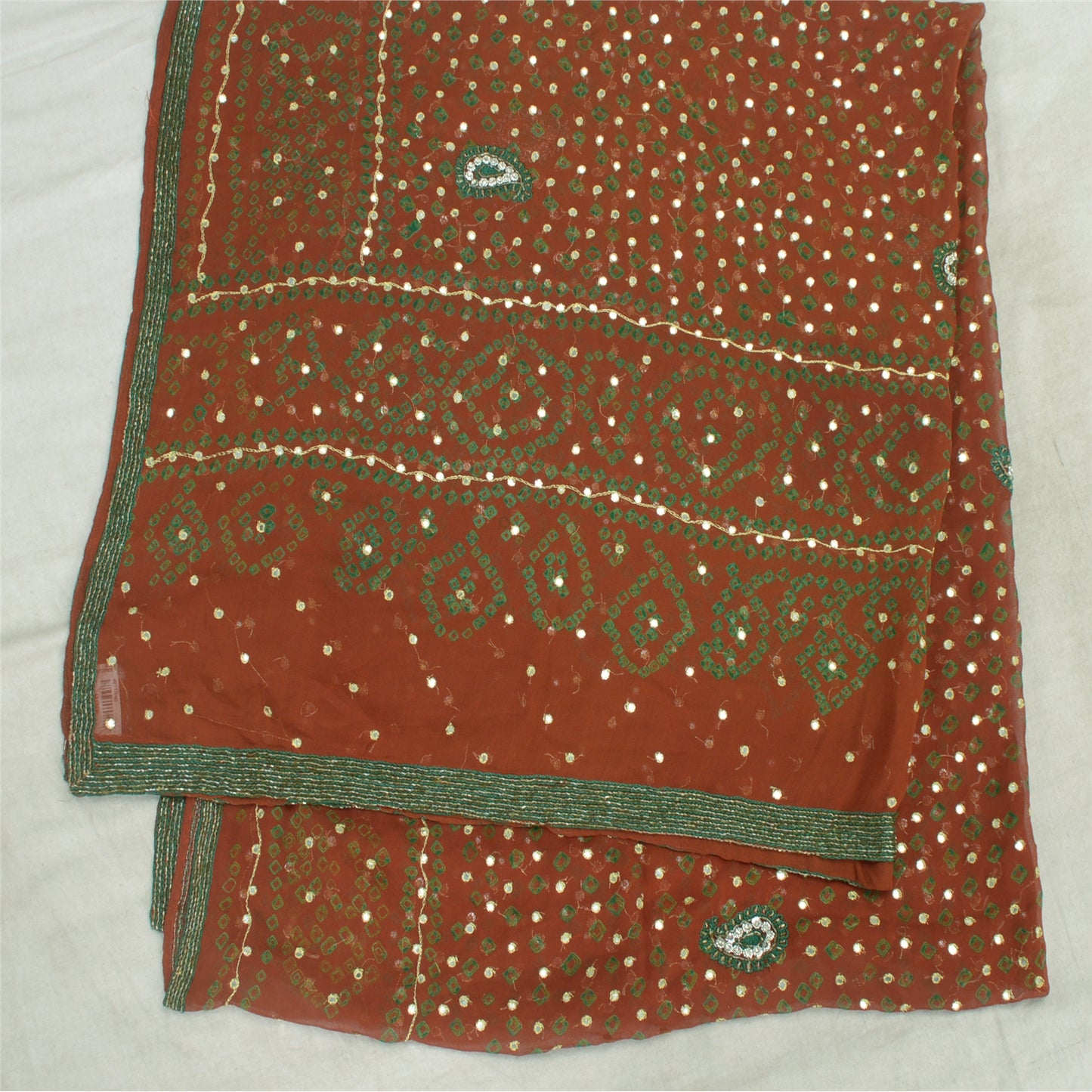 Sanskriti Vintage Orange Long Dupatta/Stole Pure Georgette Hand Beaded Bandhani