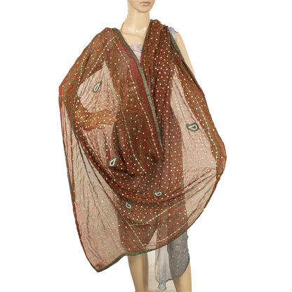 Sanskriti Vintage Orange Long Dupatta/Stole Pure Georgette Hand Beaded Bandhani