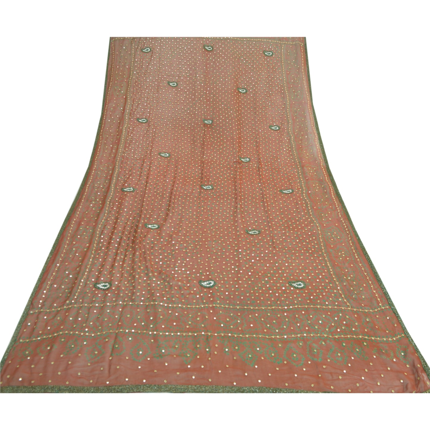 Sanskriti Vintage Orange Long Dupatta/Stole Pure Georgette Hand Beaded Bandhani