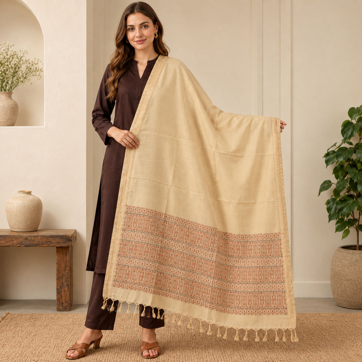 Sanskriti Vintage Aasamee Woven Blend Cotton Long Dupatta Stole Ivory Veil Wrap