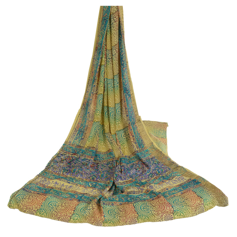 Sanskriti Vintage Multicolor Long Dupatta Stole Pure Silk Block Printed Scarves