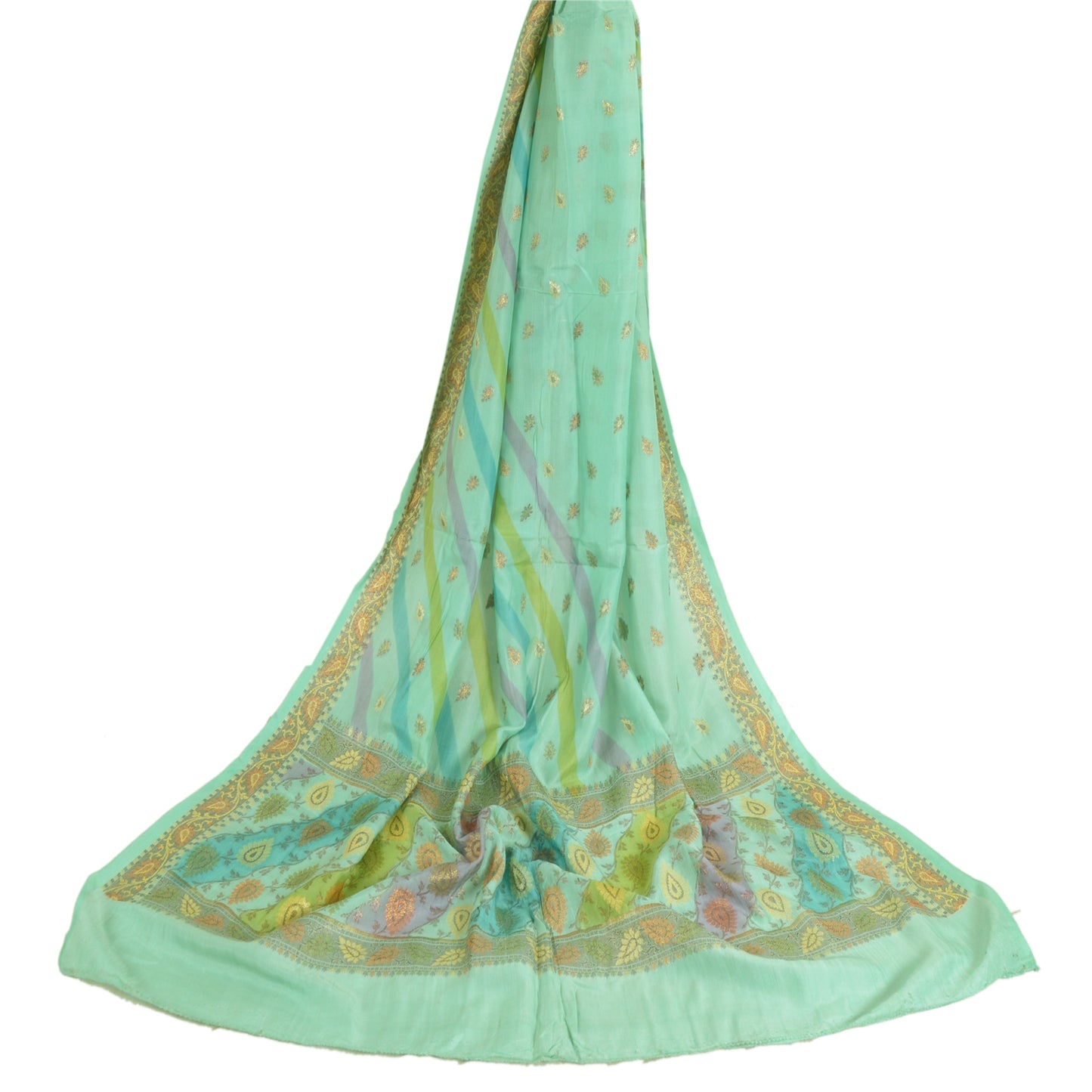 Sanskriti Vintage Long Dupatta Stole Pure Silk Sea Green Veil Woven Scarves
