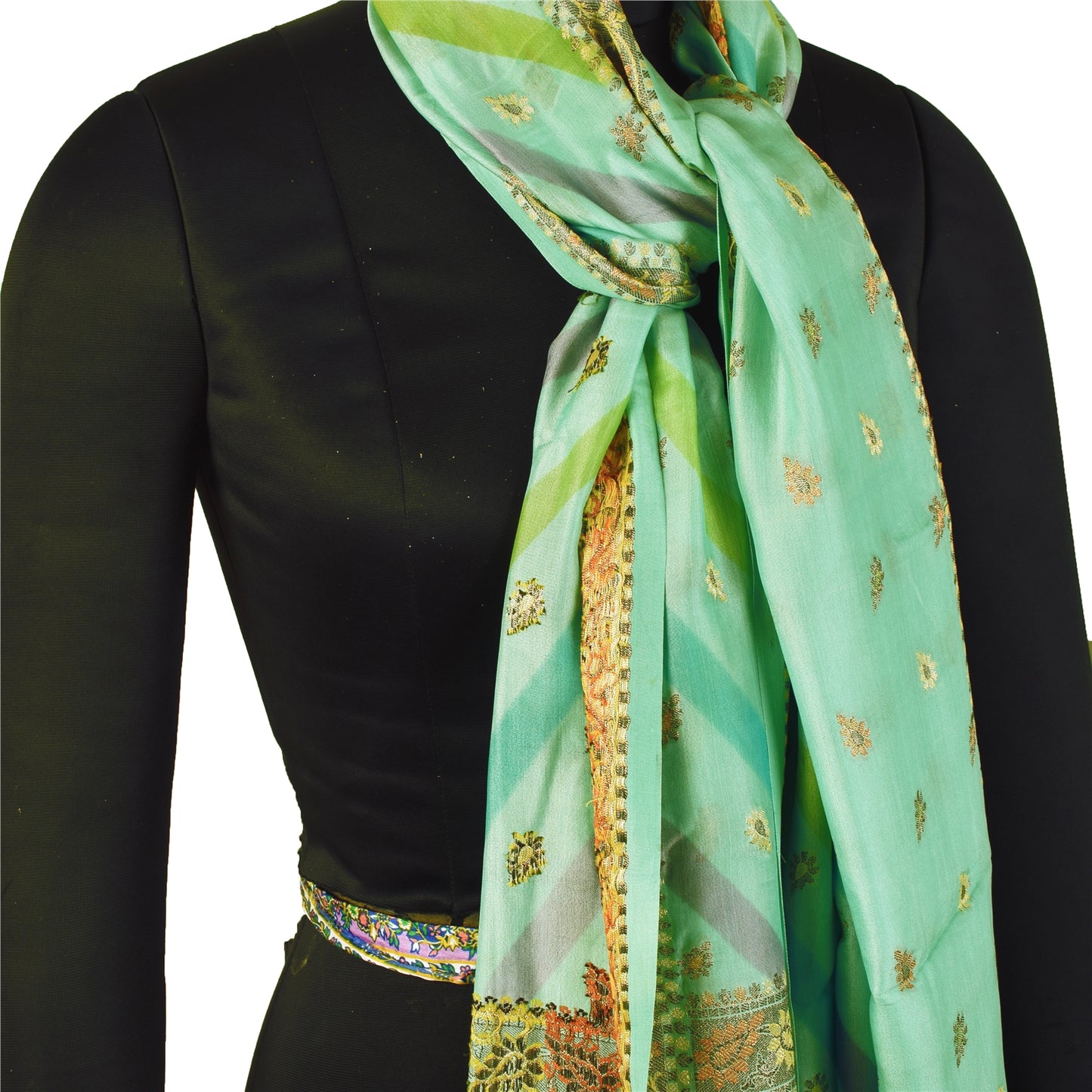 Sanskriti Vintage Long Dupatta Stole Pure Silk Sea Green Veil Woven Scarves