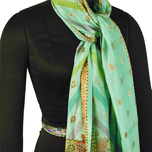 Sanskriti Vintage Long Dupatta Stole Pure Silk Sea Green Veil Woven Scarves