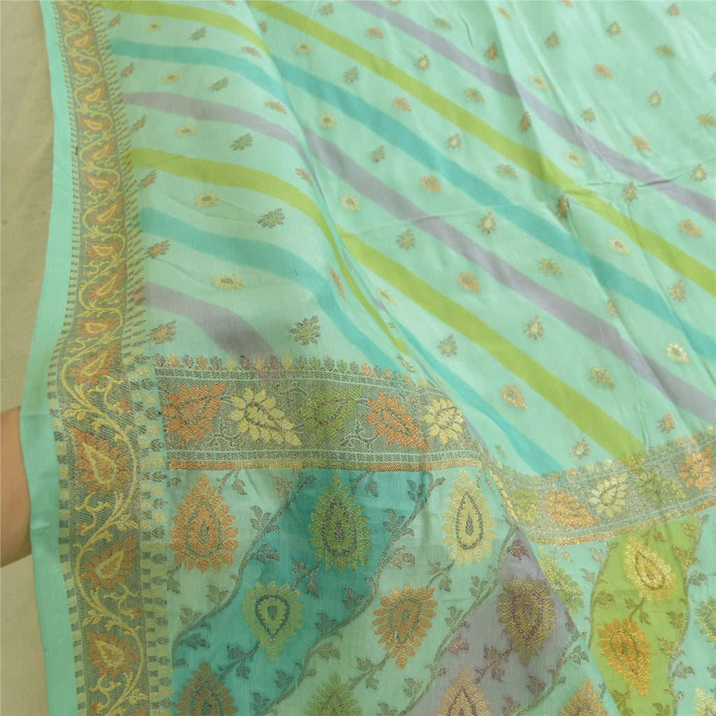 Sanskriti Vintage Long Dupatta Stole Pure Silk Sea Green Veil Woven Scarves