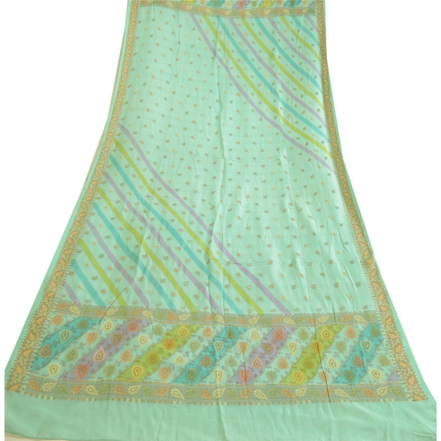Sanskriti Vintage Long Dupatta Stole Pure Silk Sea Green Veil Woven Scarves