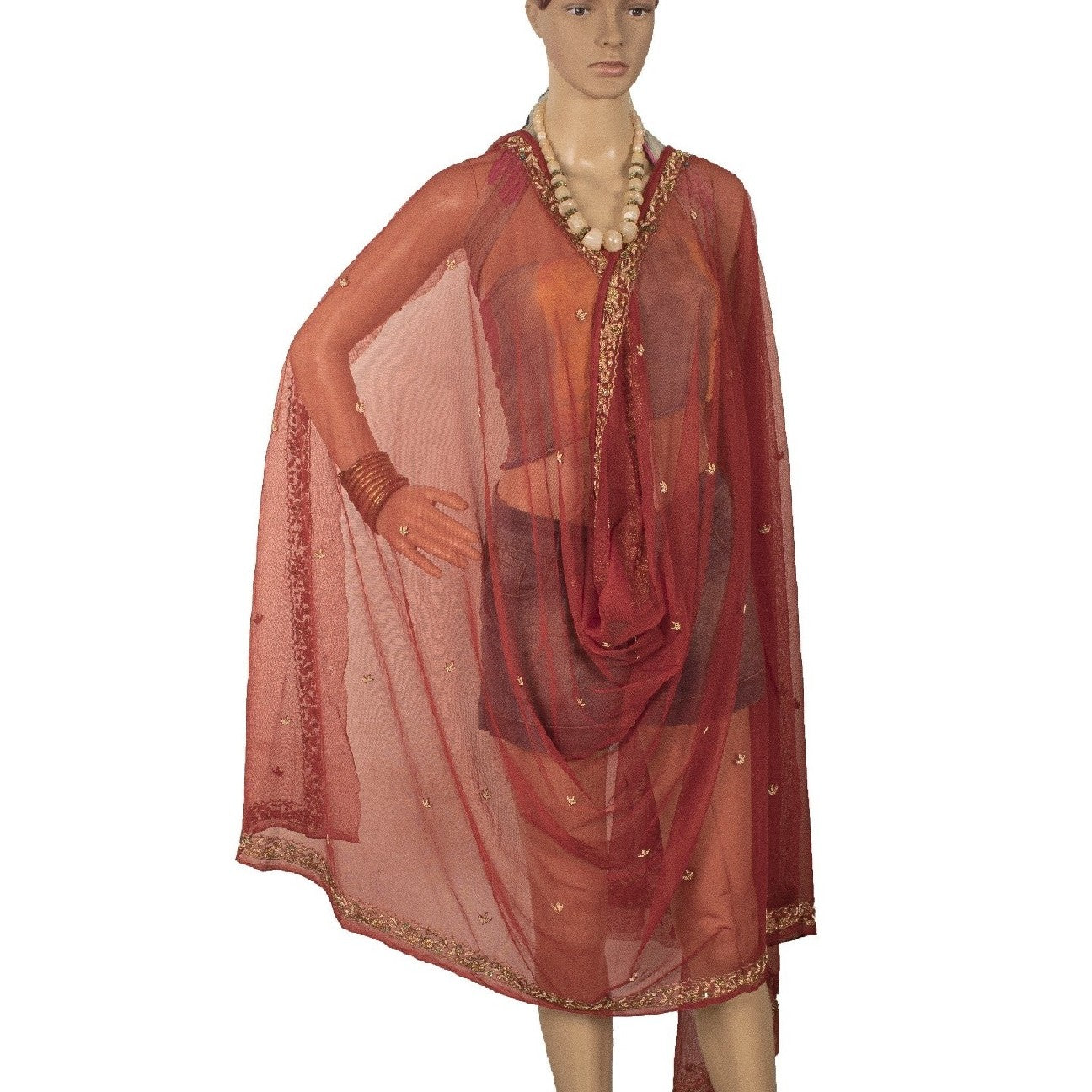 Sanskriti Vintage Brick Red Long Dupatta Stole Net Mesh Hand Beaded Scarves