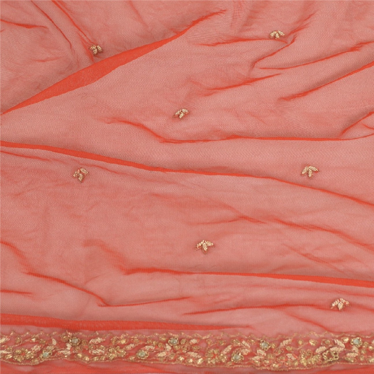 Sanskriti Vintage Brick Red Long Dupatta Stole Net Mesh Hand Beaded Scarves