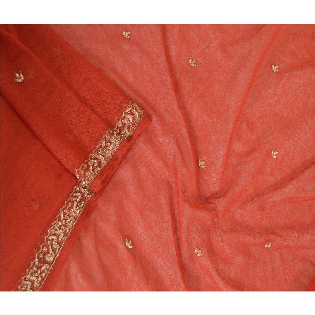Sanskriti Vintage Brick Red Long Dupatta Stole Net Mesh Hand Beaded Scarves