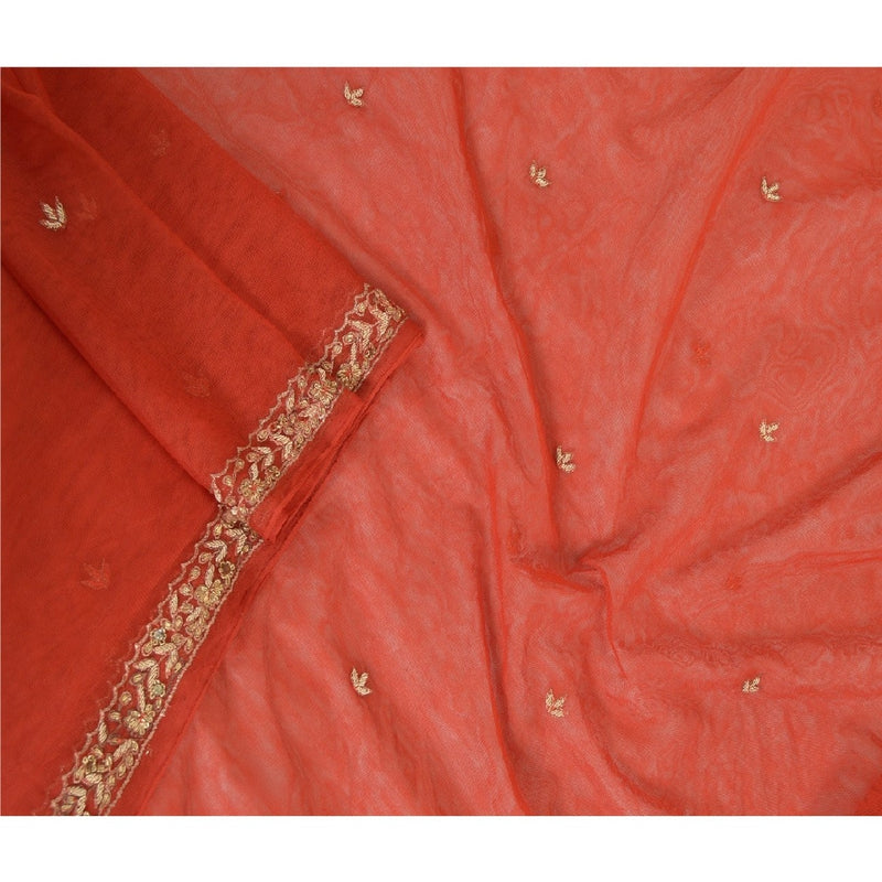 Sanskriti Vintage Brick Red Net Long Dupatta Stole Hand Embroidered Zardozi Veil Upcycled Remnant Fabric, Neck Shawl Used Head Stole