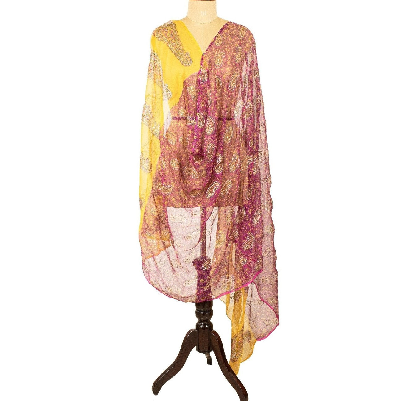 Sanskriti Vintage Long Pink/Yellow Dupatta/Stole Pure Chiffon Silk Hand Beaded