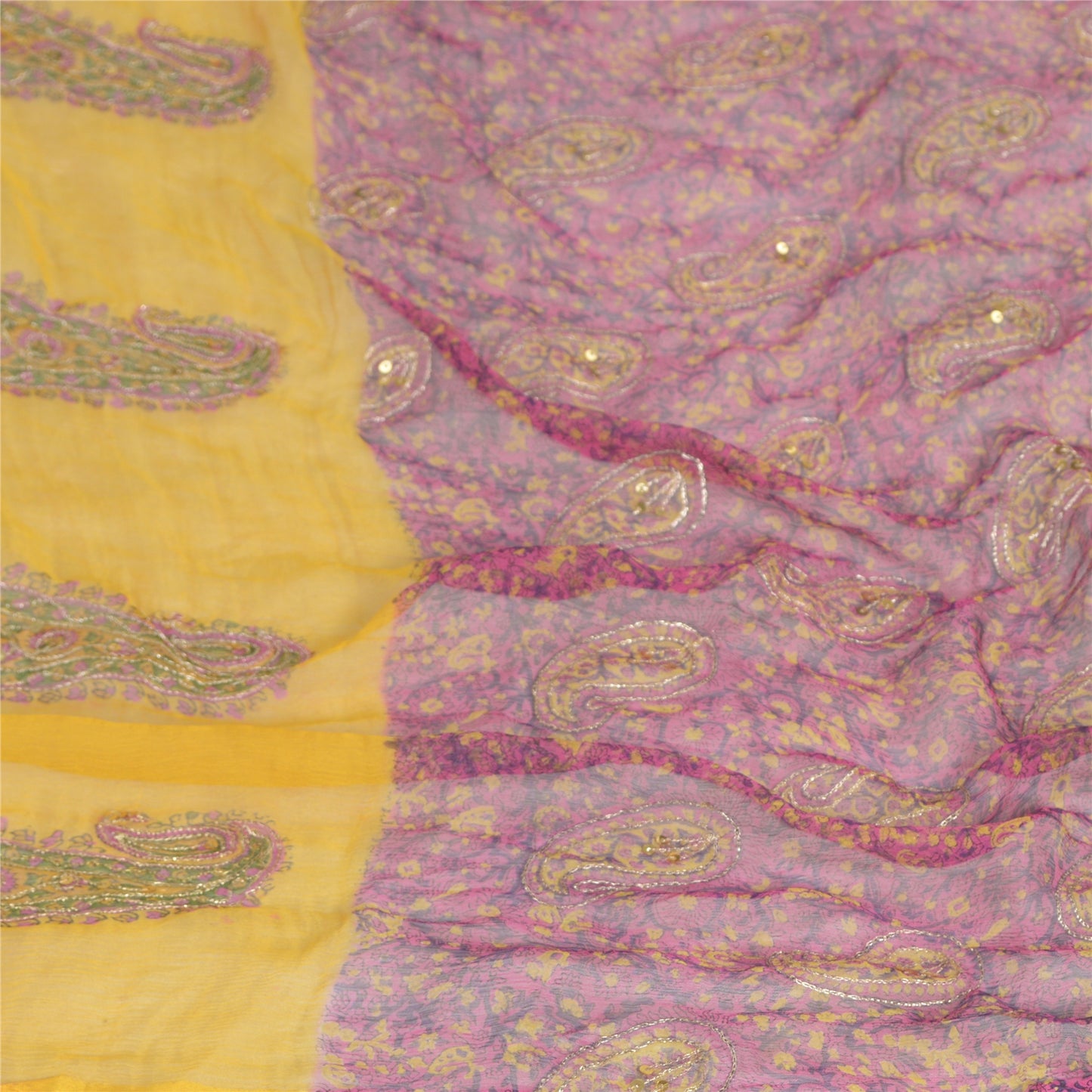 Sanskriti Vintage Long Pink/Yellow Dupatta/Stole Pure Chiffon Silk Hand Beaded