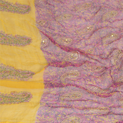 Sanskriti Vintage Long Pink/Yellow Dupatta/Stole Pure Chiffon Silk Hand Beaded