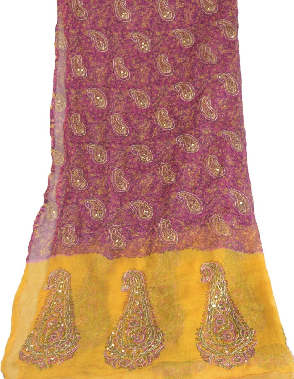Sanskriti Vintage Long Pink/Yellow Dupatta/Stole Pure Chiffon Silk Hand Beaded