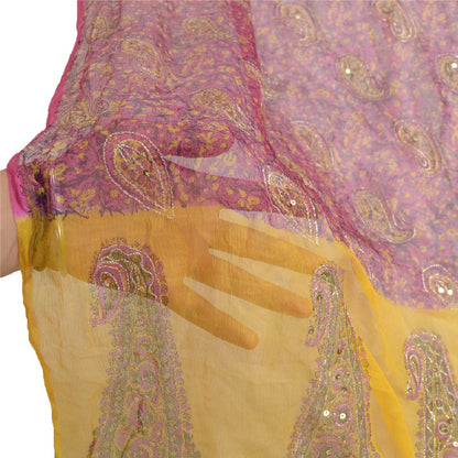 Sanskriti Vintage Long Pink/Yellow Dupatta/Stole Pure Chiffon Silk Hand Beaded