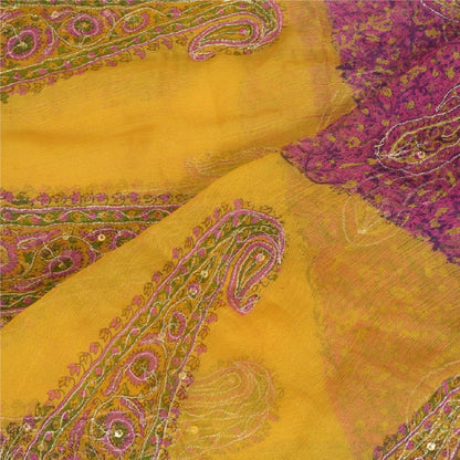 Sanskriti Vintage Long Pink/Yellow Dupatta/Stole Pure Chiffon Silk Hand Beaded