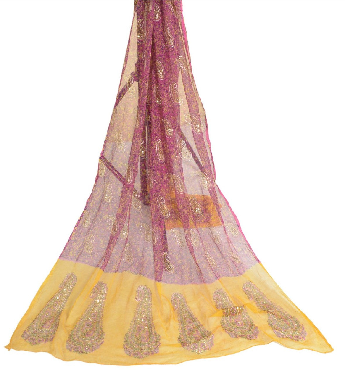 Sanskriti Vintage Long Pink/Yellow Dupatta/Stole Pure Chiffon Silk Hand Beaded