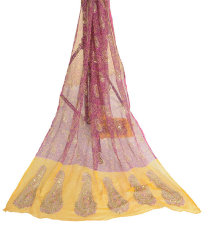 Sanskriti Vintage Long Pink/Yellow Dupatta/Stole Pure Chiffon Silk Hand Beaded