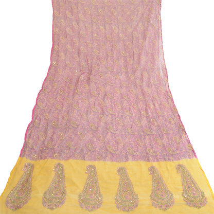 Sanskriti Vintage Long Pink/Yellow Dupatta/Stole Pure Chiffon Silk Hand Beaded