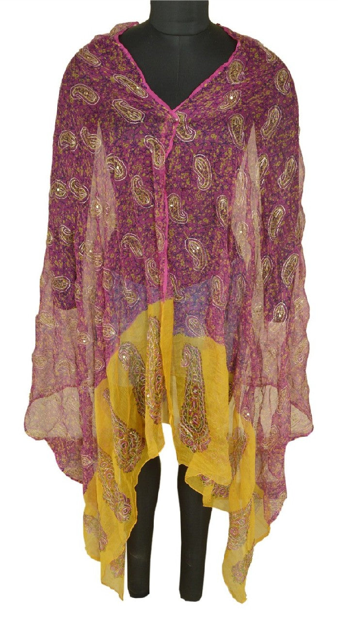 Sanskriti Vintage Long Pink/Yellow Dupatta/Stole Pure Chiffon Silk Hand Beaded