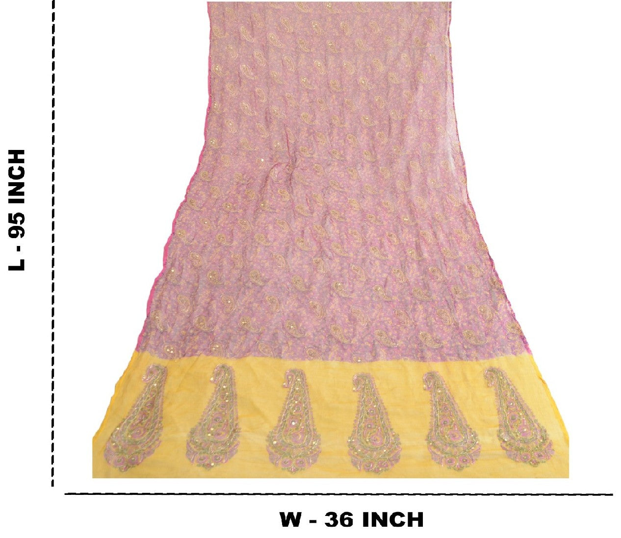 Sanskriti Vintage Long Pink/Yellow Dupatta/Stole Pure Chiffon Silk Hand Beaded