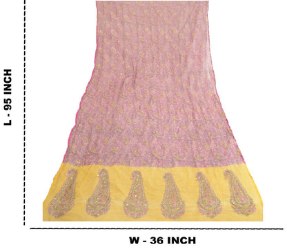 Sanskriti Vintage Long Pink/Yellow Dupatta/Stole Pure Chiffon Silk Hand Beaded