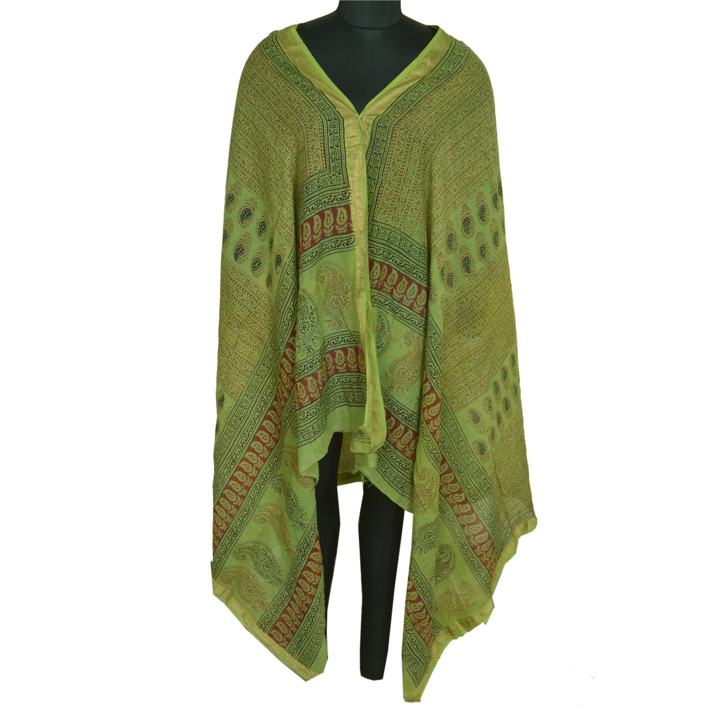 Sanskriti Vintage Long Green Dupatta/Stole Cotton Silk Hand-Block Printed Veil