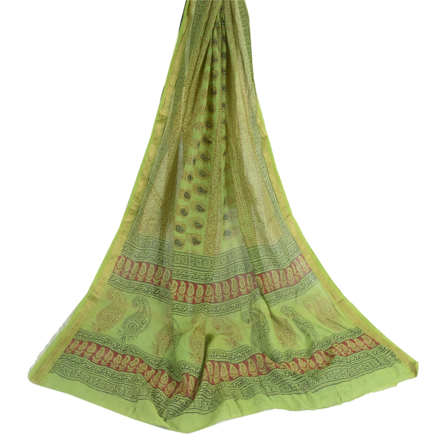 Sanskriti Vintage Long Green Dupatta/Stole Cotton Silk Hand-Block Printed Veil