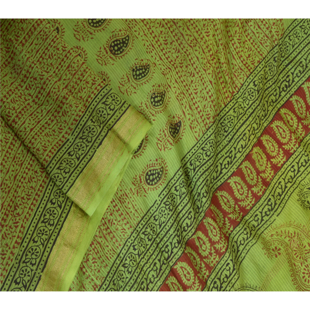 Sanskriti Vintage Long Green Dupatta/Stole Cotton Silk Hand-Block Printed Veil