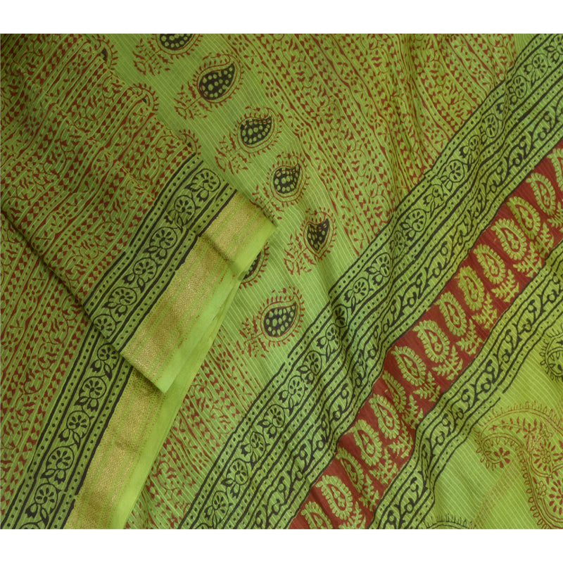 Sanskriti Vintage Long Green Dupatta/ Cotton Silk Hand-Block Printed Veil Add-Elegance to Table Linen, Curtains, or Cushions