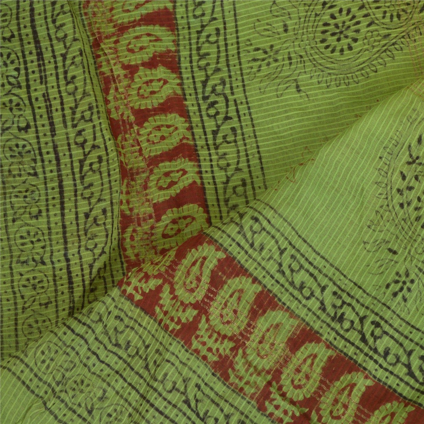 Sanskriti Vintage Long Green Dupatta/Stole Cotton Silk Hand-Block Printed Veil
