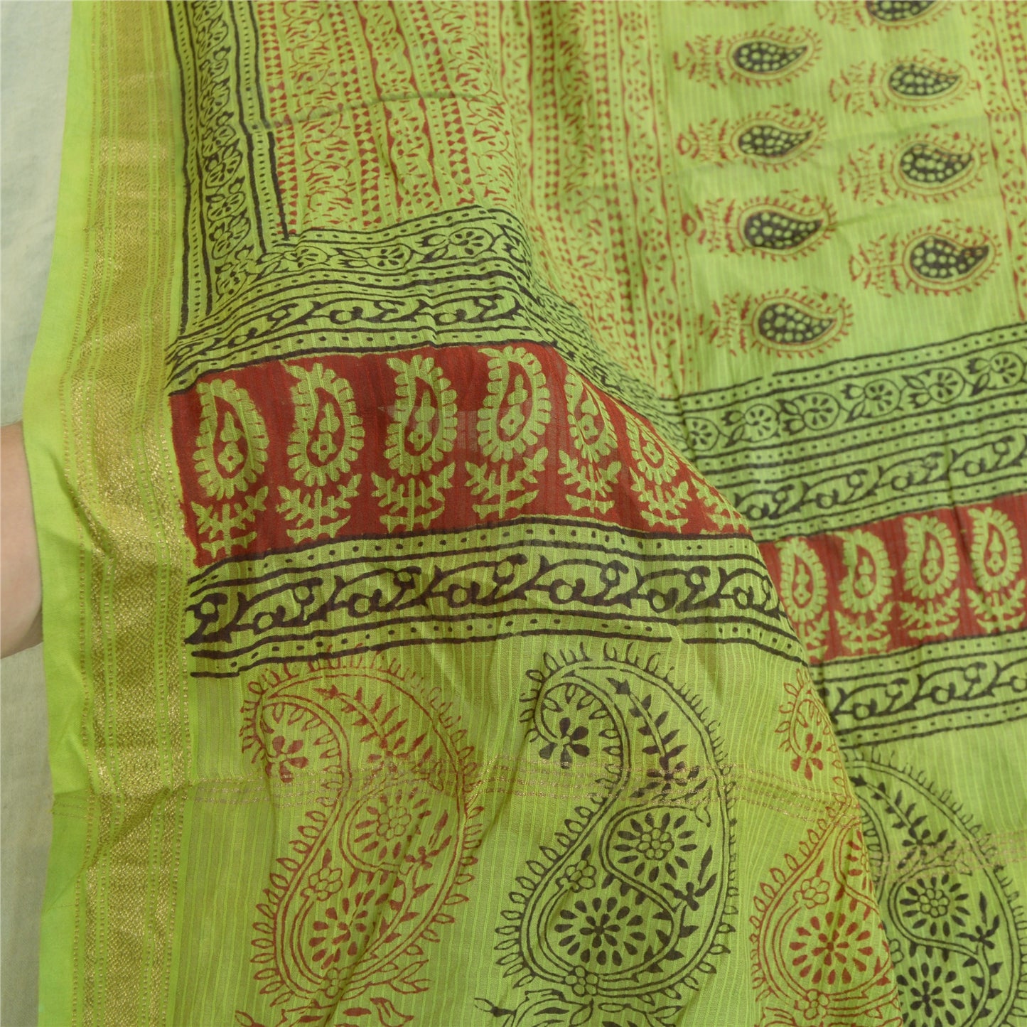 Sanskriti Vintage Long Green Dupatta/Stole Cotton Silk Hand-Block Printed Veil