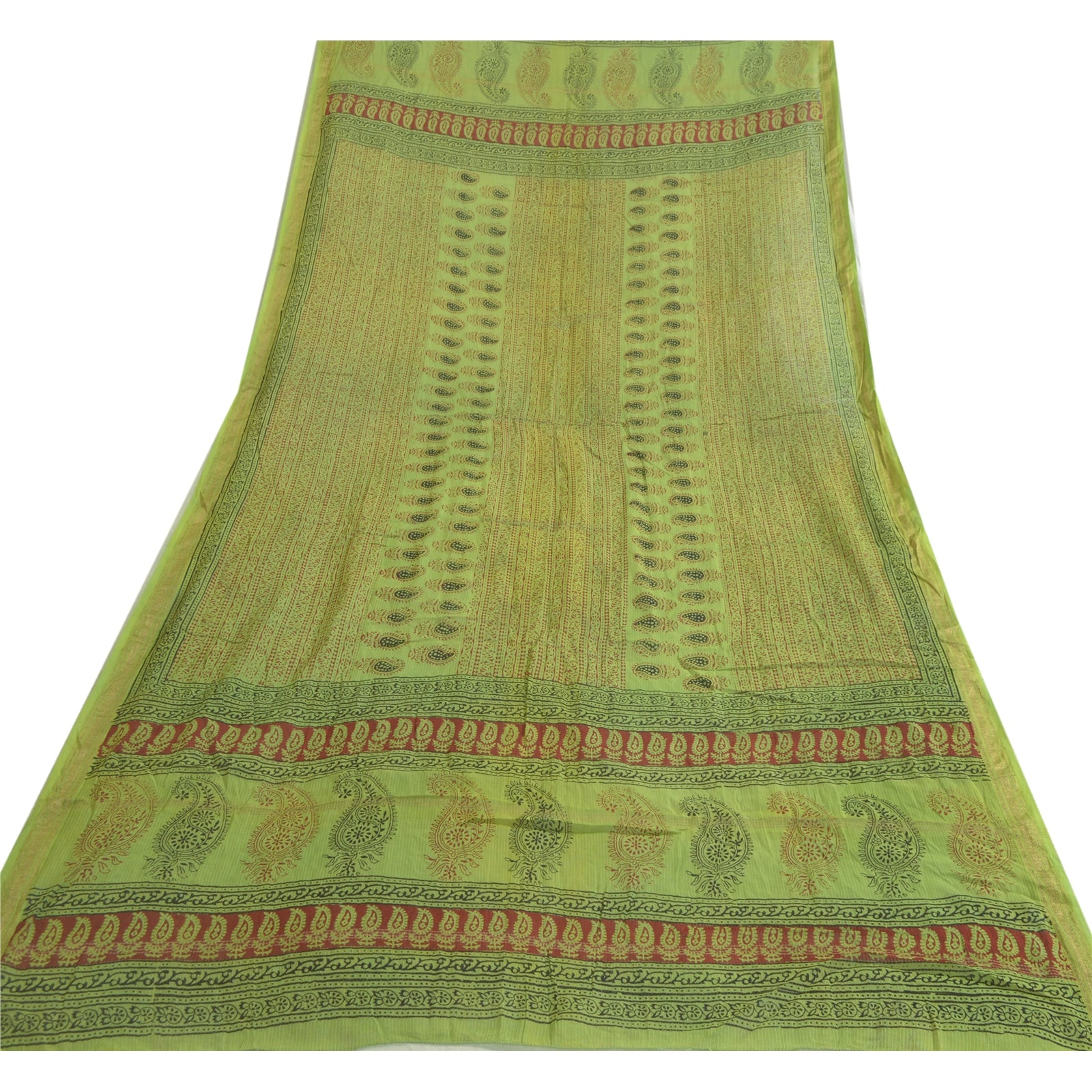 Sanskriti Vintage Long Green Dupatta/Scarf Cotton Silk Hand-Block Printed Veil Add-Elegance to Table Linen, Curtains, or Cushions