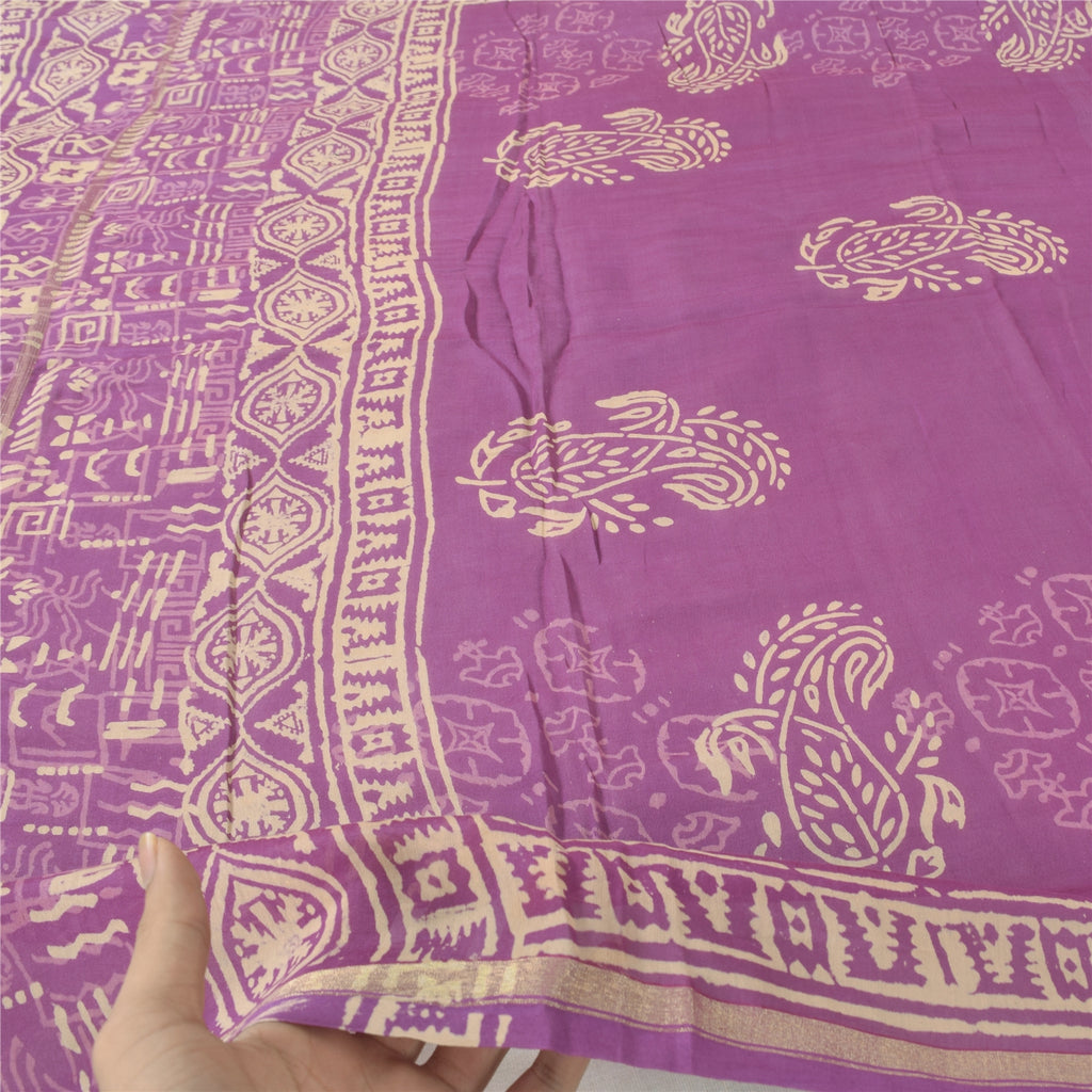 Sanskriti Vintage Purple Long Dupatta/Scarf Art Silk Hand Block Printed Scarves upcycled Textile Scraps Used Neckscarf Long Headscarf