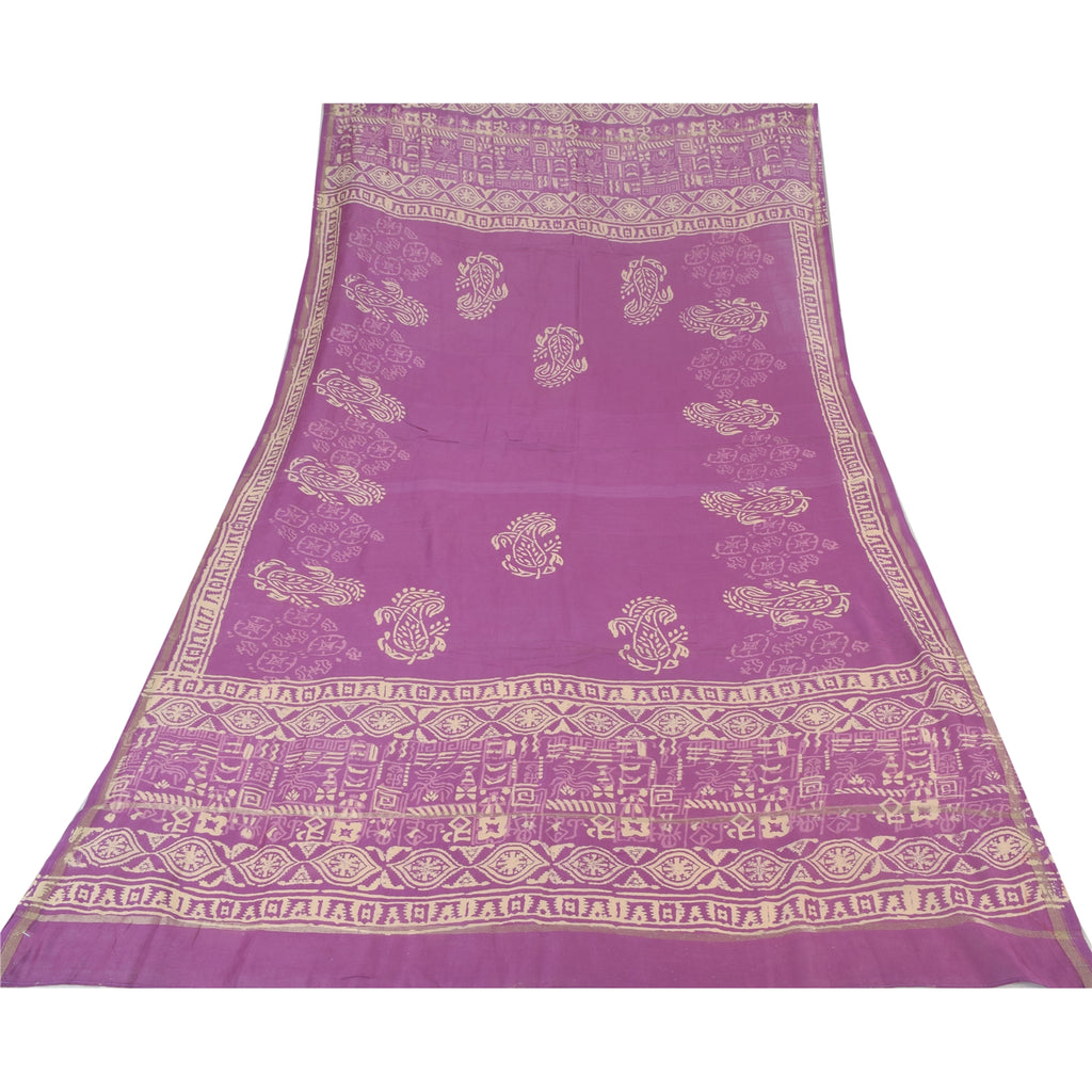 Sanskriti Vintage Purple Long Dupatta/Scarf Art Silk Hand Block Printed Scarves upcycled Textile Scraps Used Neckscarf Long Headscarf