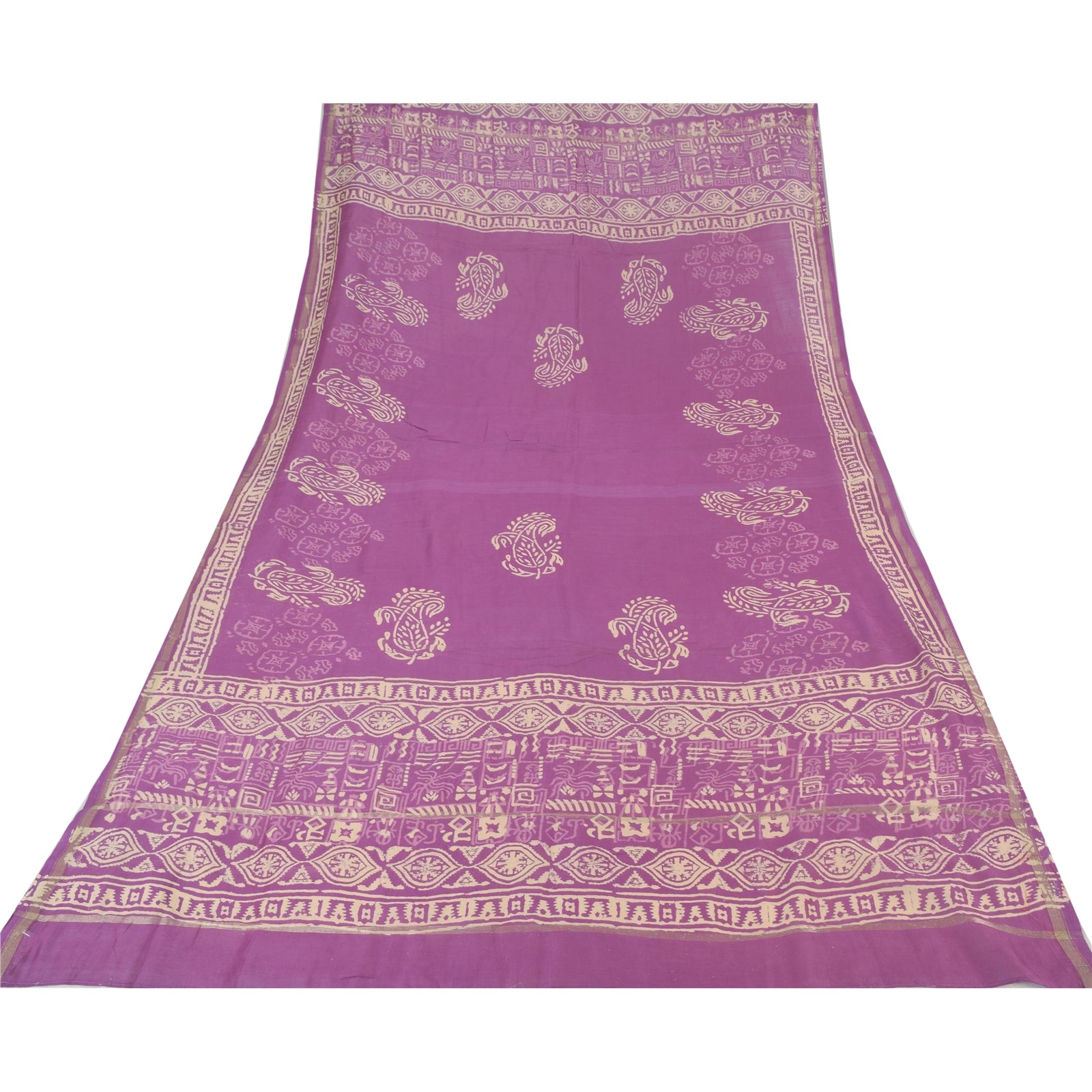 Sanskriti Vintage Purple Long Dupatta/Scarf Art Silk Hand Block Printed Scarves upcycled Textile Scraps Used Neckscarf Long Headscarf