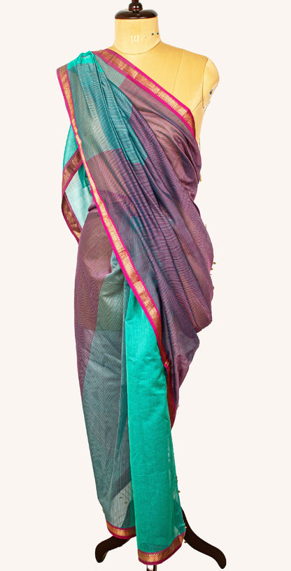 Sanskriti Vintage Long Dupatta Stole Cotton Silk Green/Purple Woven Zari Scarves