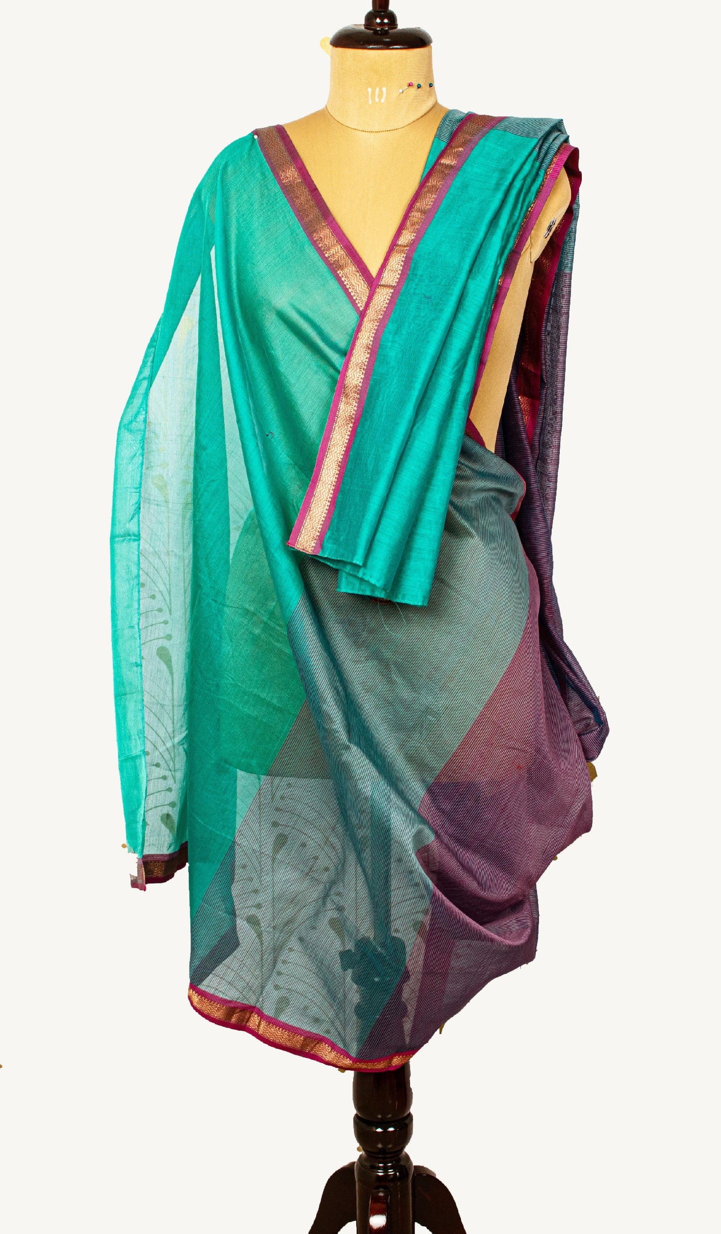 Sanskriti Vintage Long Dupatta Stole Cotton Silk Green/Purple Woven Zari Scarves