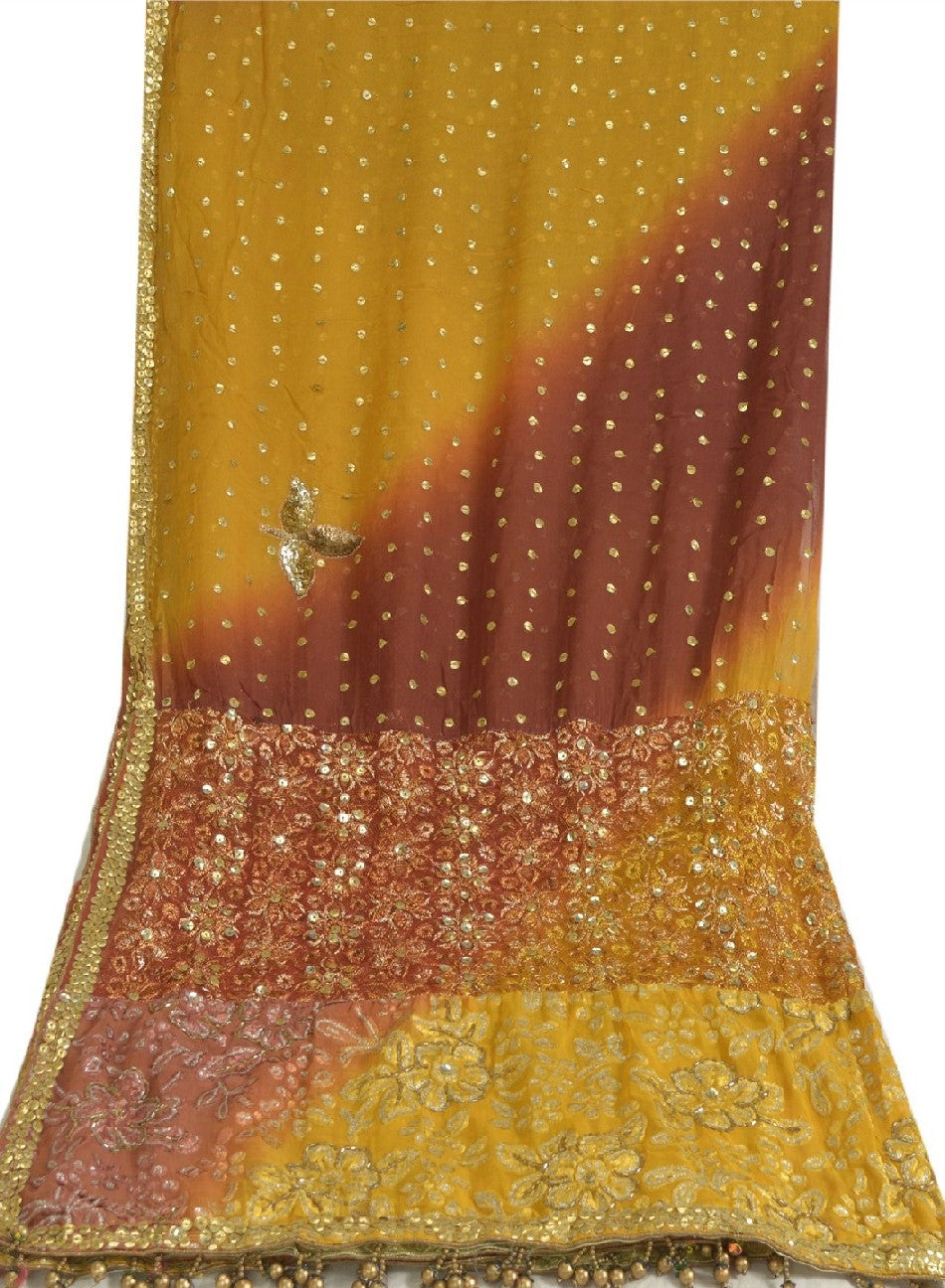 Sanskriti Vintage Long Saffron/Brown Dupatta/Stole Georgette Hand Beaded Brasso