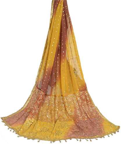 Sanskriti Vintage Long Saffron/Brown Dupatta/Stole Georgette Hand Beaded Brasso