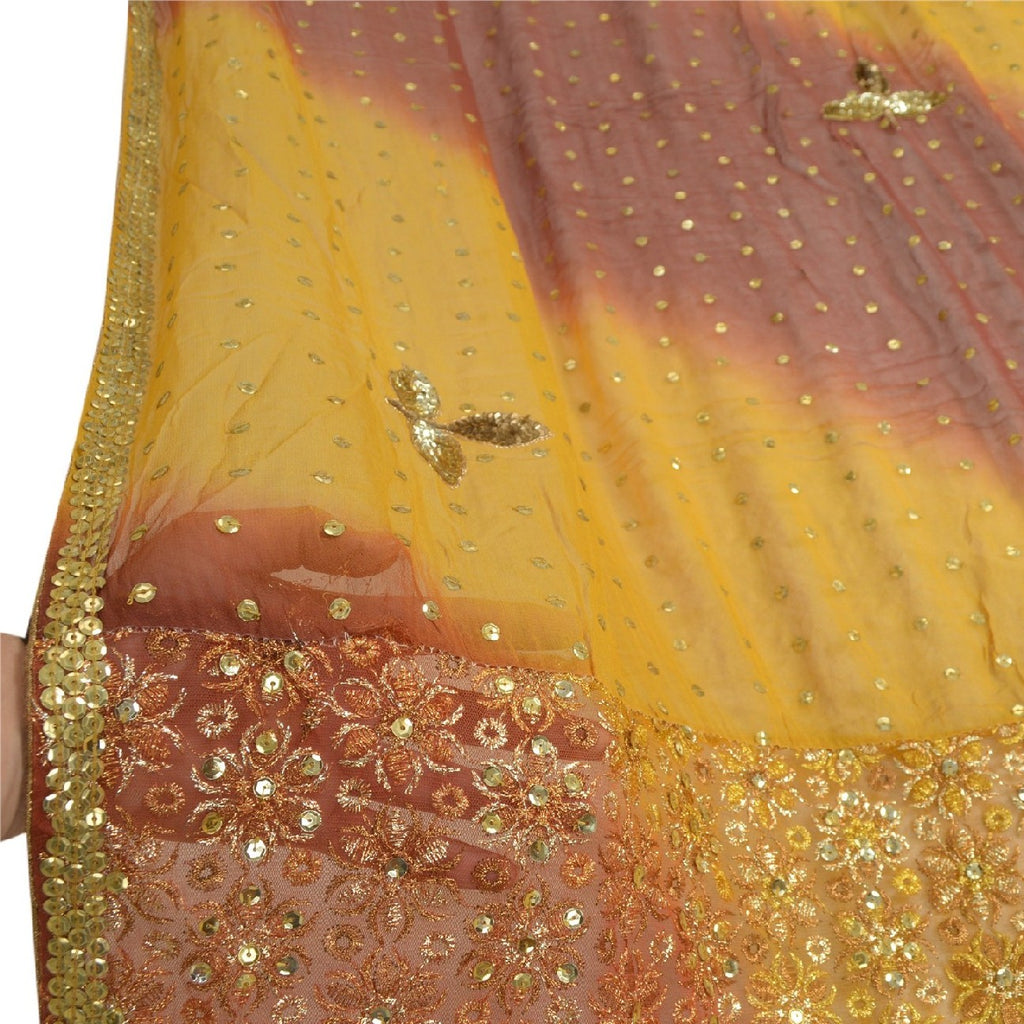 Sanskriti Vintage Long Saffron/Brown Dupatta/Stole Georgette Hand Beaded Brasso