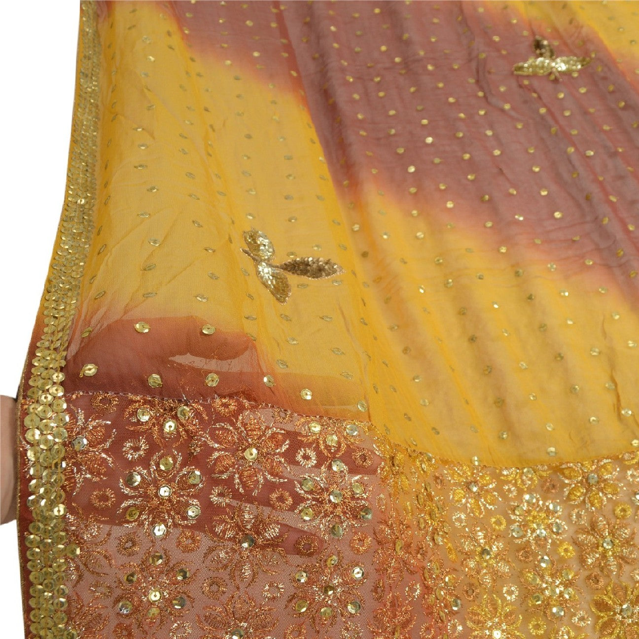 Sanskriti Vintage Long Saffron/Brown Dupatta/Stole Georgette Hand Beaded Brasso