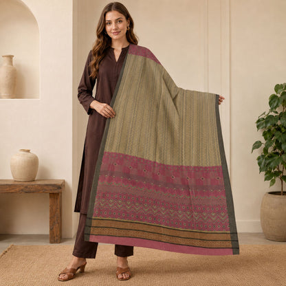 Sanskriti Vintage Geometric Printed Pure Woolen Dupatta Stole Pink-Ivory Veil